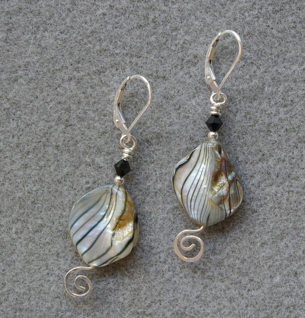 Zebra Shell Crystal earrings with shell, Swarovski crystal and sterling silver