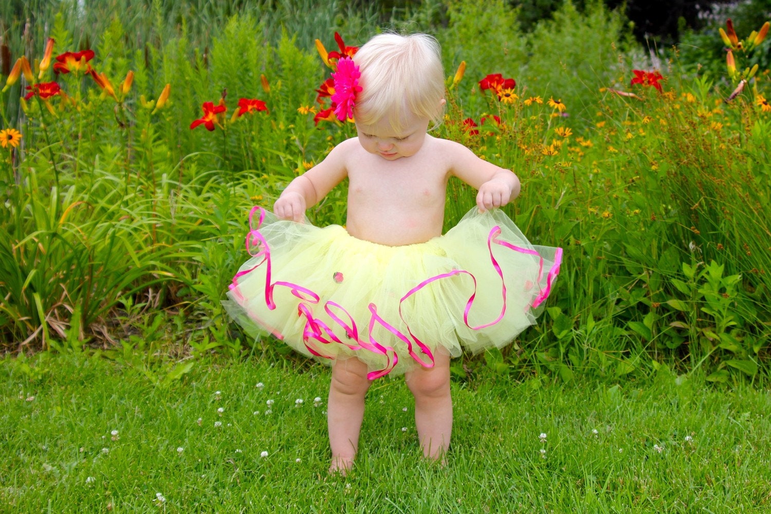 Raspberry Lemonade Dress Up BALLET Costume YELLOW TUTU with Raspberry Trim and Posies