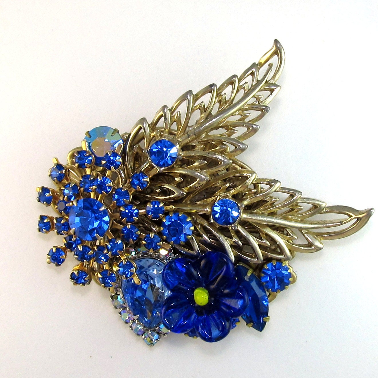 Rhinestone Brooch Vintage blue collage with brass sweeping leaves