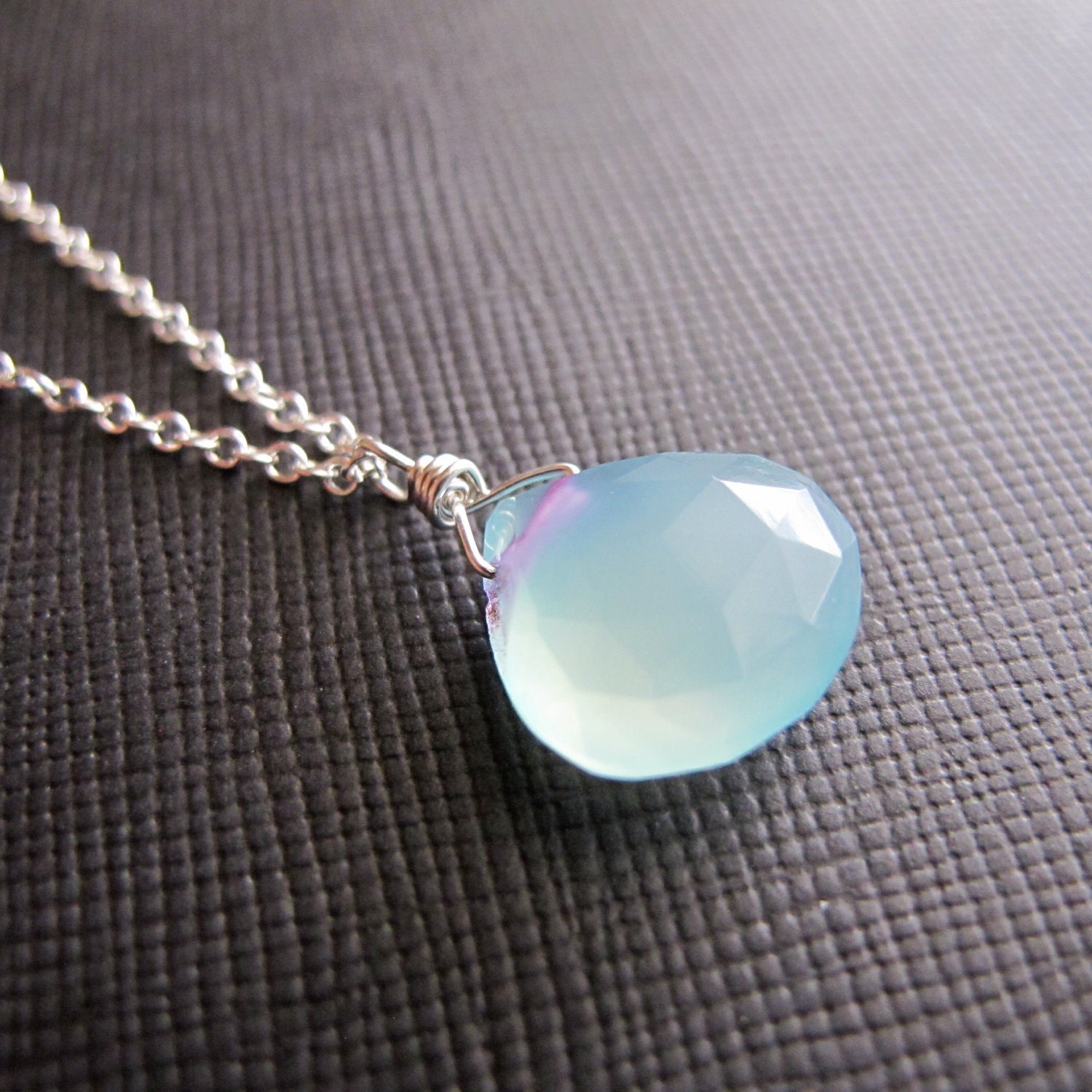 Pale Blue Chalcedony Sterling Silver Wire Wrapped Necklace...River