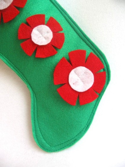 modern felt Christmas stocking in green and red eco friendly, recycled felt
