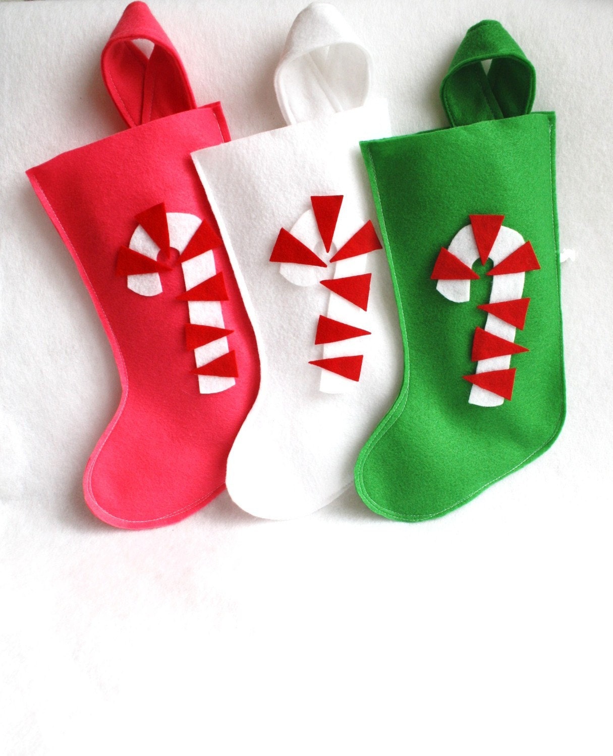 retro candy cane eco friendly felt Christmas stocking in green, white, pink or red