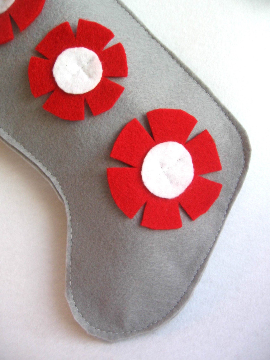 eco stocking... rikrak Christmas...grey \/ gray, white and red felt stocking