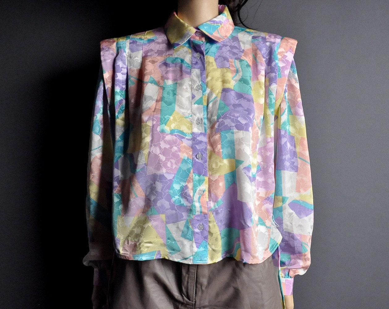 vintage 80s pastel geometric pleated slouch top blouse m l