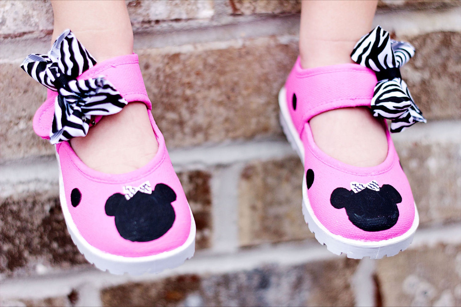 Zebra Minnie Mouse shoes - Hot Pink Mouse Inspired Maryjane Shoes with removeable hairclip bows - for girls - baby or toddler sizes 1 to 10