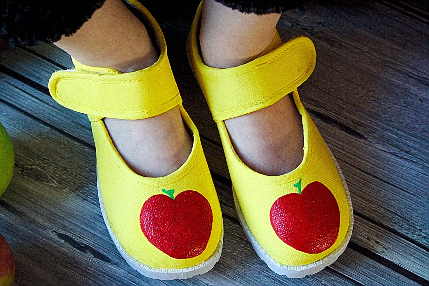 Snow White Apple Shoes - Fully Hand painted red apples on yellow  maryjane shoe for girls - baby or toddler  Disney Shoes