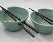 Set of Two Aqua Rice Bowls with Chopsticks/Wheel Thrown Stoneware Pottery Free Shipping