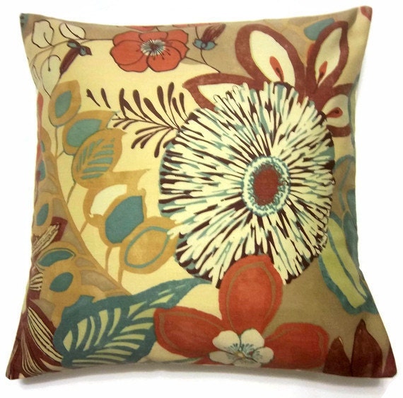 Two Yellow Gold Chutney Orange Rust Teal Blue Brown Pillow Covers Modern Floral Throw Toss Accent Covers 18 inch pair