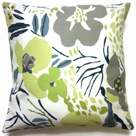 Two Chartreuse Blue White Gray Pillow Covers Decorative Floral Toss Throw Accent Pillow Covers 16 inch