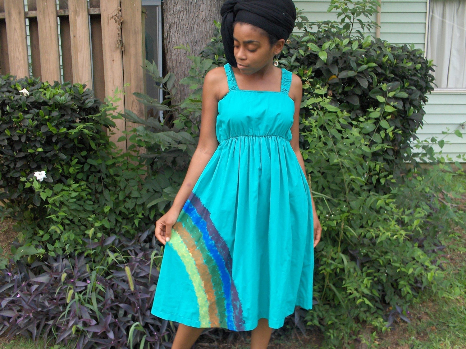 C L E A R A N C E flyTie turquoise halter dress wearable art--rainbow