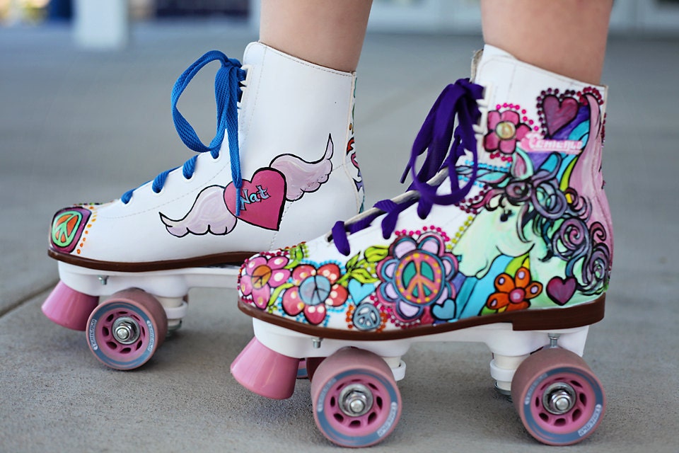 Custom Unicorn Peace signs Rainbows and Flowers Painted on Your Skates Design Fee only