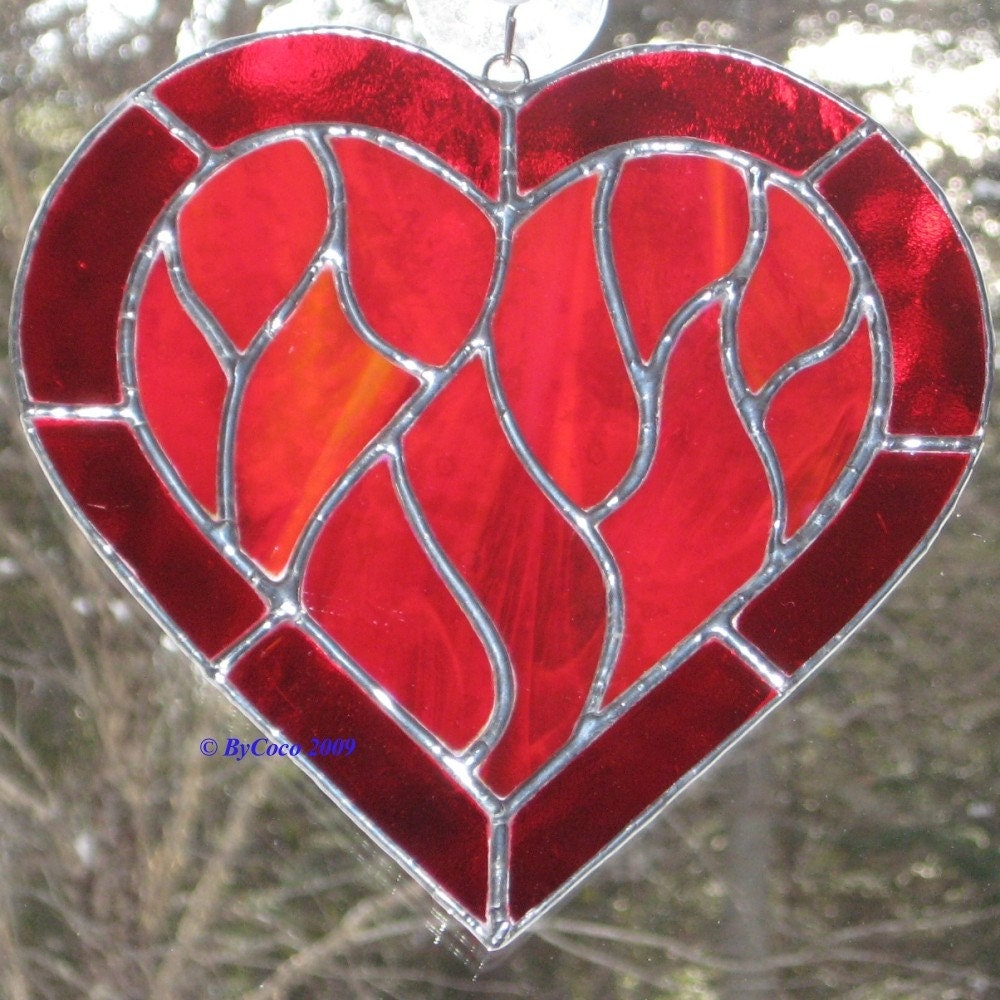 Stained Glass Heart Suncatcher Red Flames of Passion - ByCoco