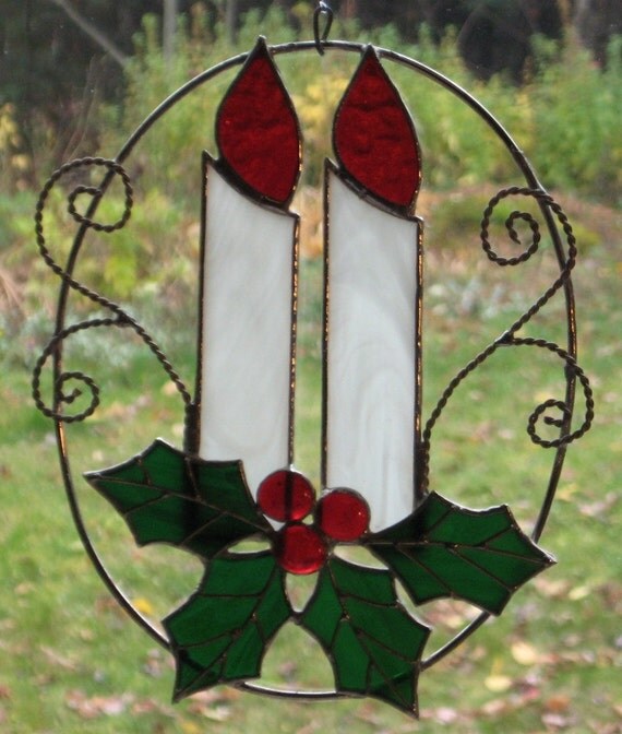 Christmas Candles/Holly Stained Glass Window Decoration by ByCoco