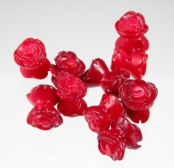 Red Coral Carved Rose flower beads by MustHaves on Etsy