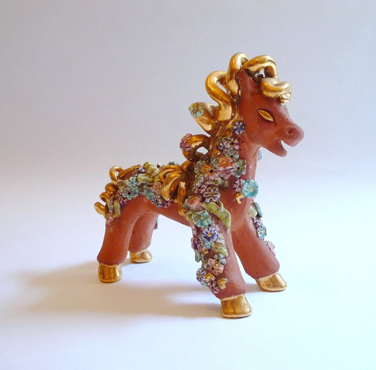 1940s Handmade Terra Cotta Horse with Porcelain Flowers