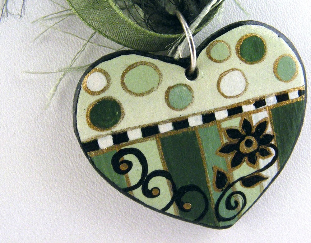 Necklace Handmade Painted Ceramic Heart Ribbon Green Jewelry