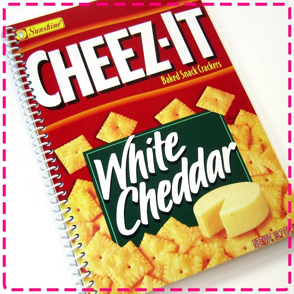 WHITE CHEDDAR CHEESE Original Cracker Recycled Notebook / Upcycled Journal - In Red, Yellow, White and Green - Spiral Bound and Eco Friendly