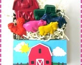 Kids' BARNYARD FARM CRAYON Box - Barn, Tractor Pig, Horse, Cow & Rooster - Eco-Friendly Toys in Red, Yellow, Pink, Green, Orange, Brown