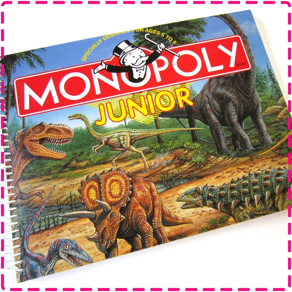 OOAK MONOPOLY JUNIOR Dinosaur Board Game Recycled Notebook / Upcycled Journal - Spiral Bound and Eco-Friendly - Vintage Circa 1990
