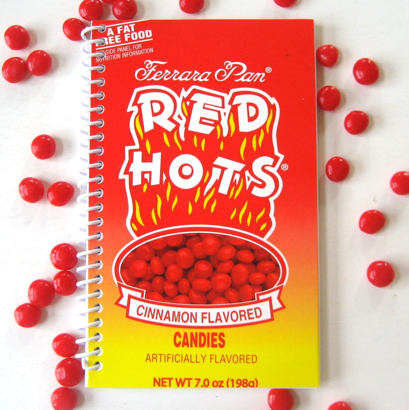 CINNAMON VALENTINE'S CANDY Original Recycled Notebook / Upcycled Journal - Eco Friendly - In Red, Orange, Yellow and White - Hot
