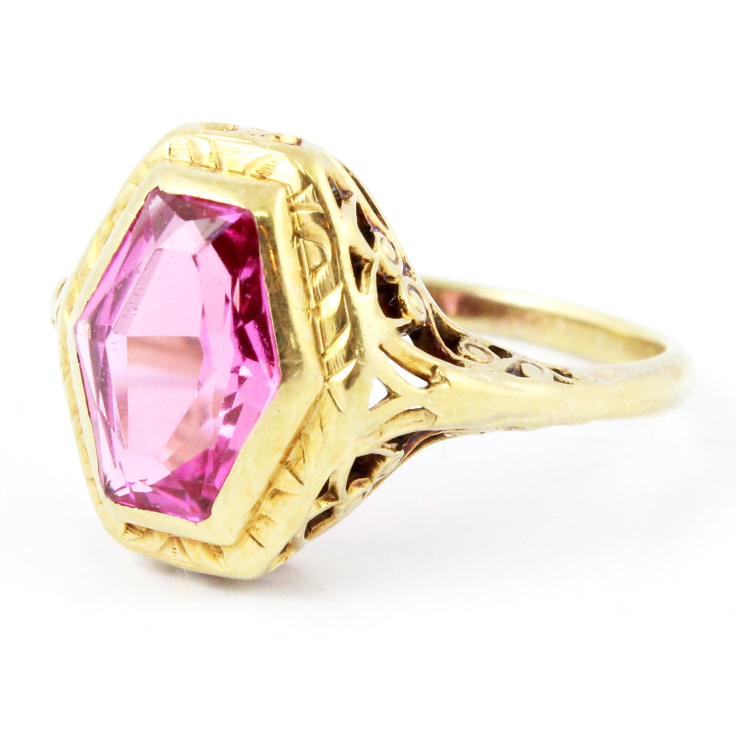 14K Antique Art Deco CT Pink Sapphire Filigree Ring Jewelry