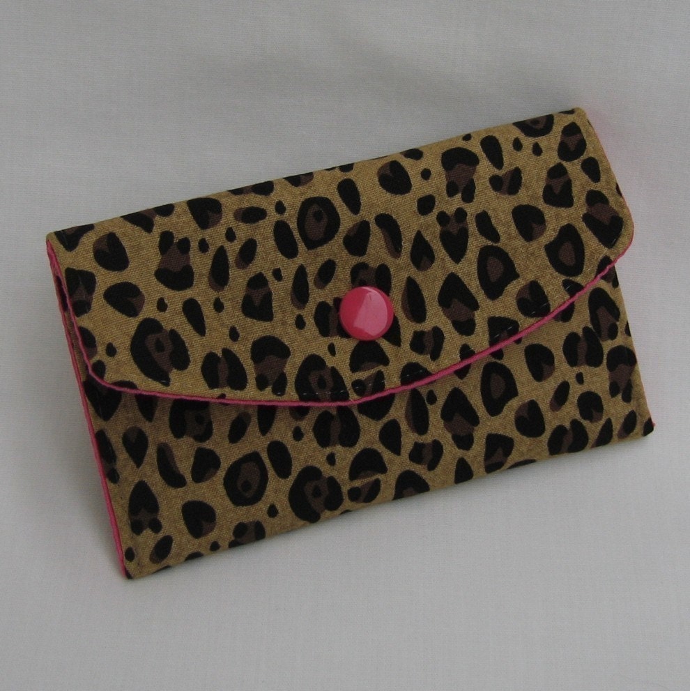Fabric Mini Wallet -  Business Card Case - Leopard Cheetah Print - Hot Pink
