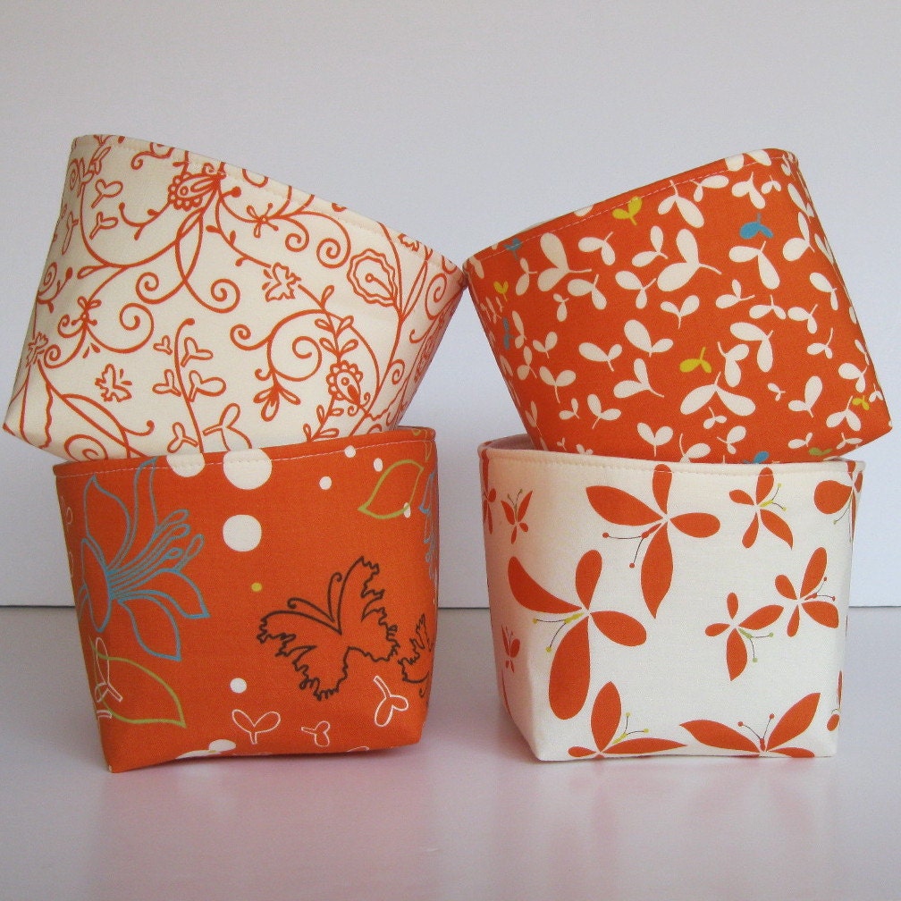 Mini Fabric Storage Container Organizer Bins - Set of 4 - Moda Chrysalis by Sanae - Orange Spice and Cream