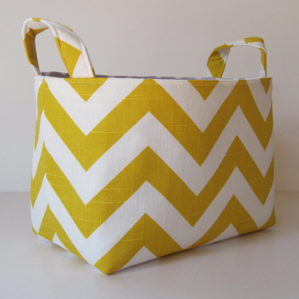 Storage and Organization - Desk Organizer Fabric Container Basket Bin - Corn Yellow and White Slub Chevron