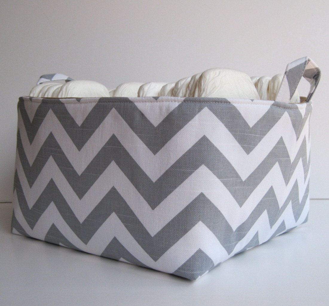 Ash Gray/Grey and White Chevron Fabric Diaper Caddy - Storage Container Organizer Bin Basket - with Dividers/Separators - 3 Compartments