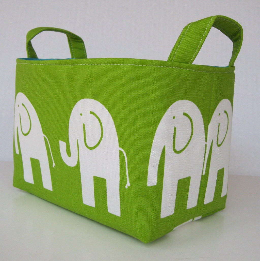 Storage Organization Fabric Organizer Bin Container Basket - Ele Elephant - White on Chartreuse Green