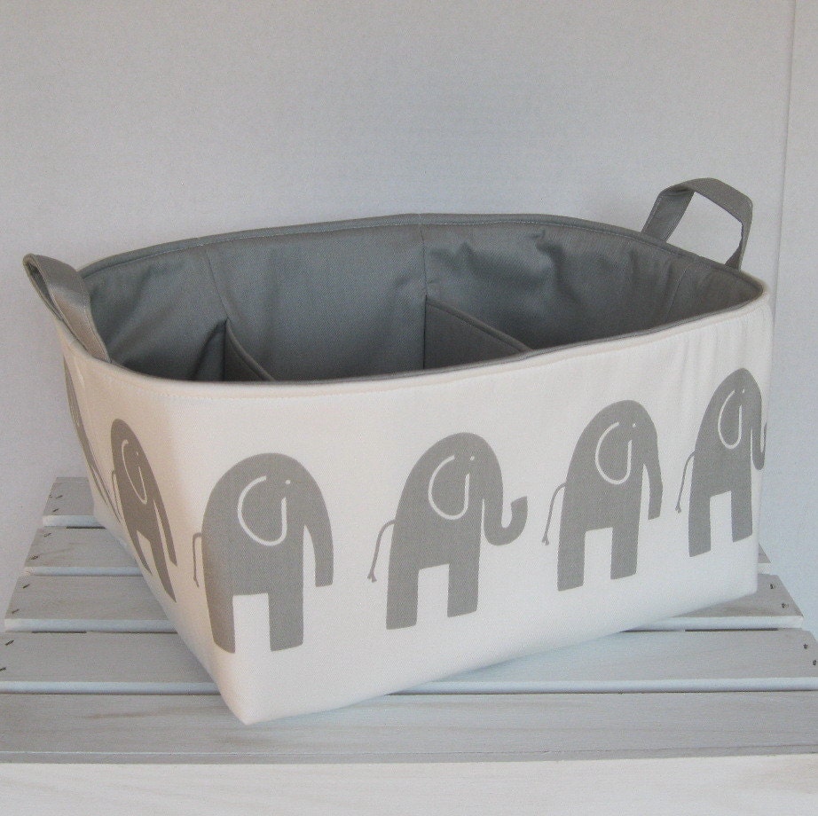 Diaper Caddy - Storage Container Organizer Bin Basket - with 2 dividers - Gray Ele Elephant on White Fabric