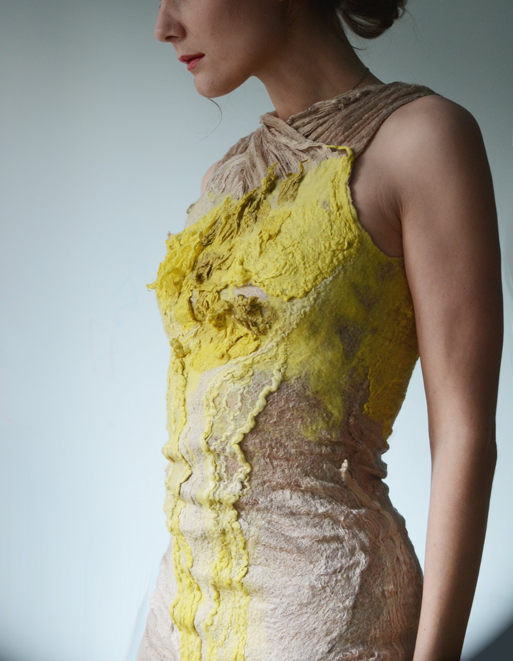 Eco fashion dresses Nuno felted dress in nude and citrus yellow from natural silk and wool dyed with plants OOAK