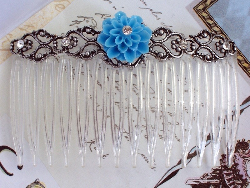Baby Blue Dahlia Flower with Vintage Crystal Clear Rhinestones Hair Comb - Vintage Inspired, Traditional, Victorian