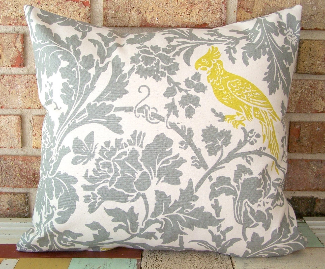 Decorative Pillows Cushions Cover - Warm Gray Citron Natural Botanical Bird Toile - 18 x 18 Accent Throw Pillow - Nursery Decor