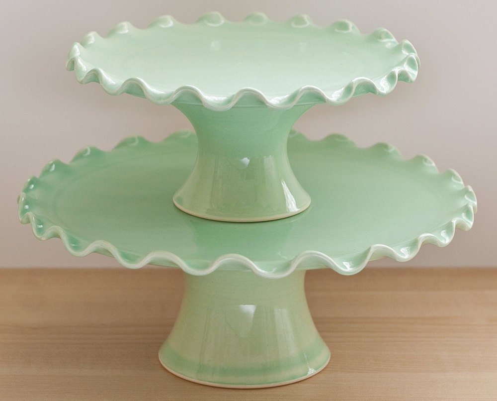 Cake Stand Tier Set - Medium 10" and Small 7" - Ruffle Stands - Green