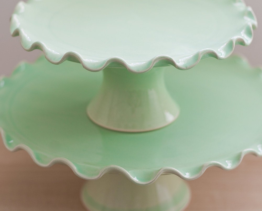 Cake Stand Tier Set - Medium 10" and Small 7" - Ruffle Stands - Green
