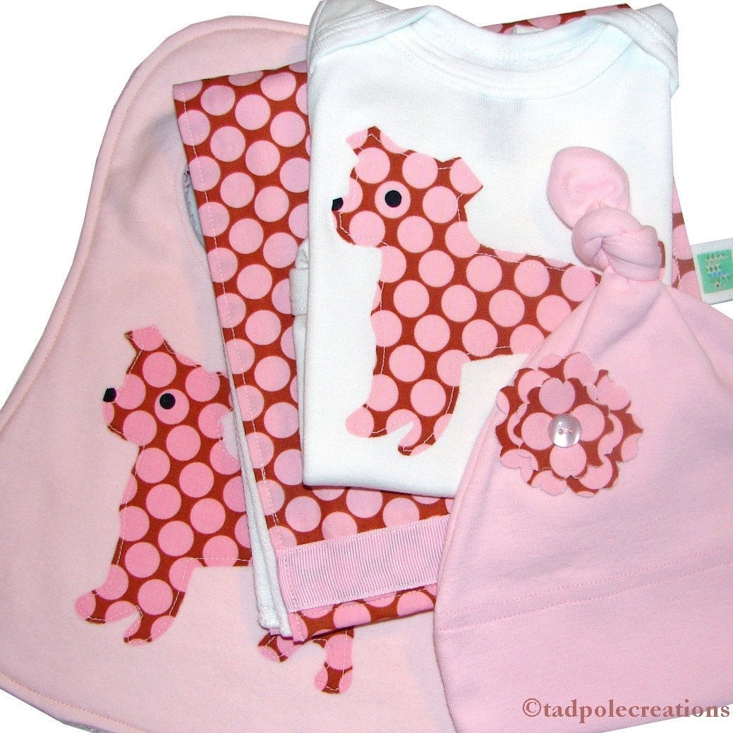 Baby Girl Puppy Dog Applique Gift Set - Four Piece - Bodysuit, Bib, Burp Cloth, Hat - Baby Girl Shower Gift - Spotty Pink