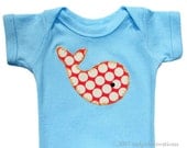 Baby Boys Whale Applique Bodysuit - Spotty Red Whale - Newborn 0 to 6 months, 6 months, or 12 month Sizes Available - SHORT SLEEVES