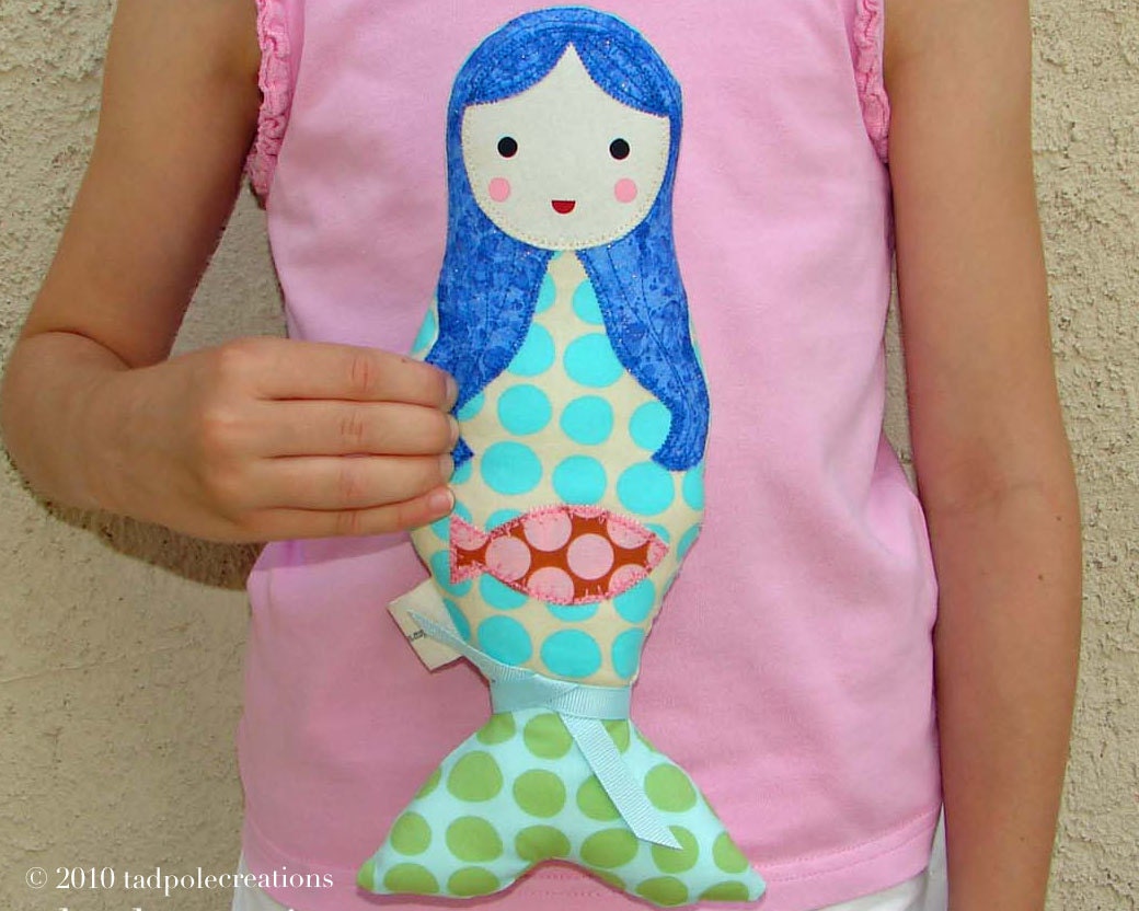 Girls Little Mermaid Applique Cloth Doll for Baby, Toddler, Youth, Tweens - Birthday Gift  - Blue Hair - Nautical Style