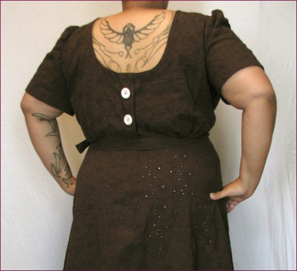 1940s reproduction brown cotton sport eyelet low back dress 48 to 50 bust PLUS SIZE
