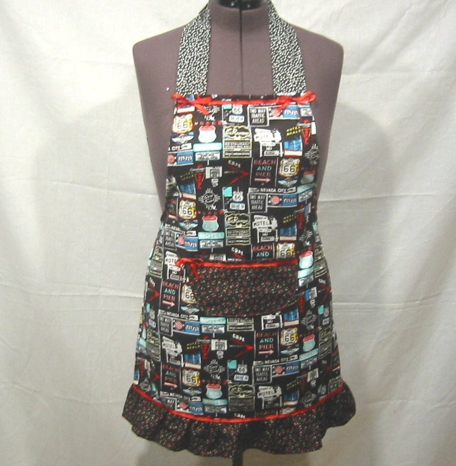 Route 66 retro apron with cherry ruffle and front pocket