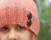 Handknit Apricot Beanie With Brown Buttons - soft alpaca, size kids to teen
