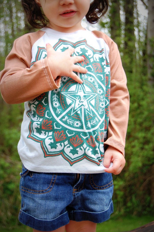 Sun Recycled T Shirt - raglan style repurposed brown and aqua toddler shirt