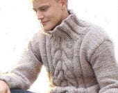 On  SALE  Hand Knit  Men's Sweater  With Cable pattern  from Best Peruvian Merino Wool  Made to order