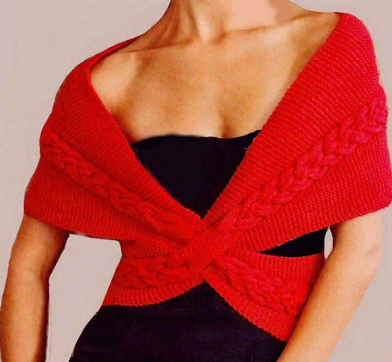 Hand Knit Red Wrap Shrug Bolero Sweater -Scarf with Cables from soft fluffy Red angora blend yarn
