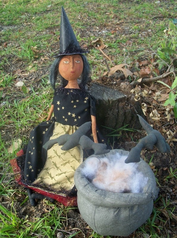 Primitive Halloween Witch Hattie with Cauldron and Bats