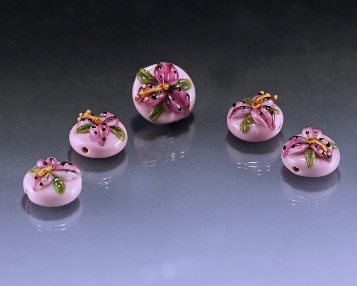 Lampwork Glass Bead Set Stargazer Lilies Free US Shipping