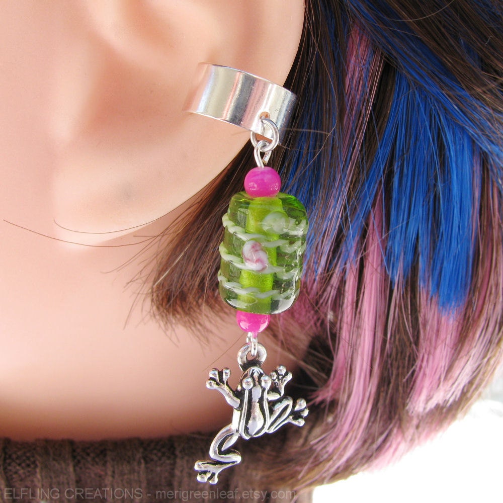 Pink, Green and Silver Frog Cartilage Ear Cuff - Longing for the Pond