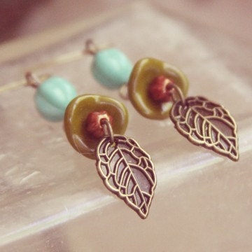 Earthy Teal and Green Leaf earrings