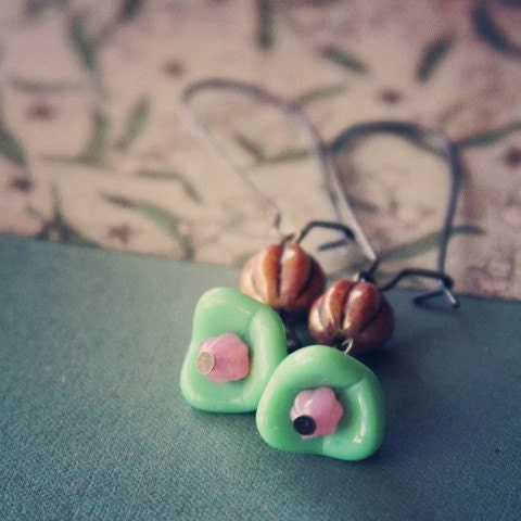 Mint  and Peach Flower Earrings
